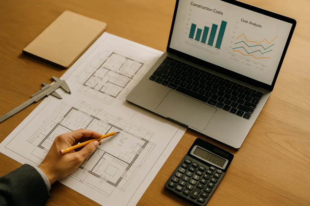 Widok z góry na biurko z planami mieszkań, laptopem i kalkulatorem – optymalizacja kosztów i ryzyk inwestycji M4 Ekspert.